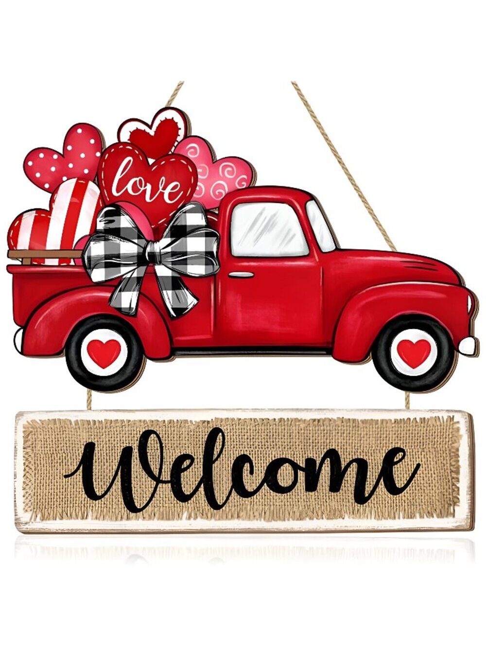 Valentines Day Door Sign Decorations, Red Truck Heart Wooden Door Hanger